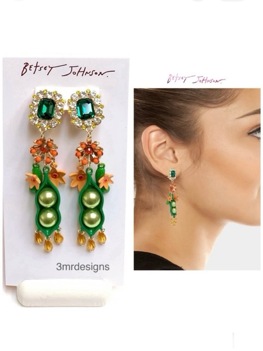 NWT Betsey Johnson 💋PEA Gold Tone Glass Crystals/ Enamel Flowers Drop Earrings